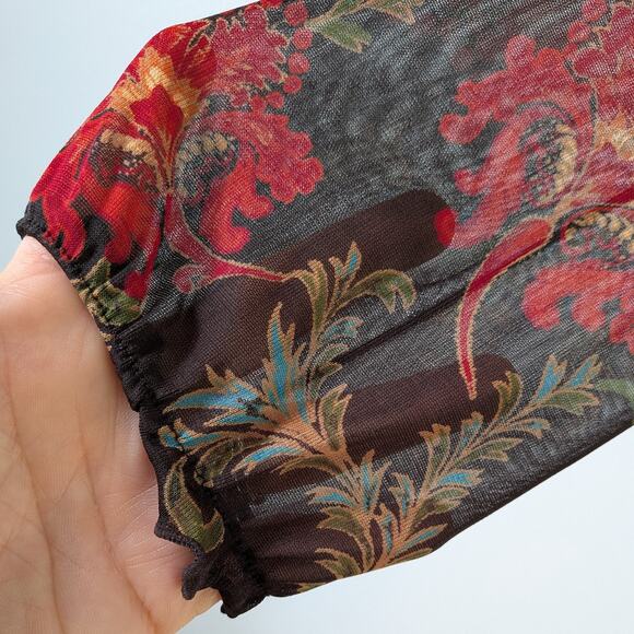 Y2K Express Floral Top L Brown Red Mesh Floral Fairy Grunge Whimsigoth Long Slee - Picture 7 of 11